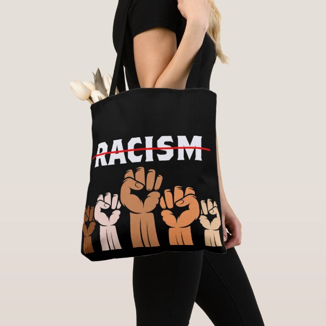 Bolso De Tela Acabar con el racismo Tote de puños multisombras (Detalle)