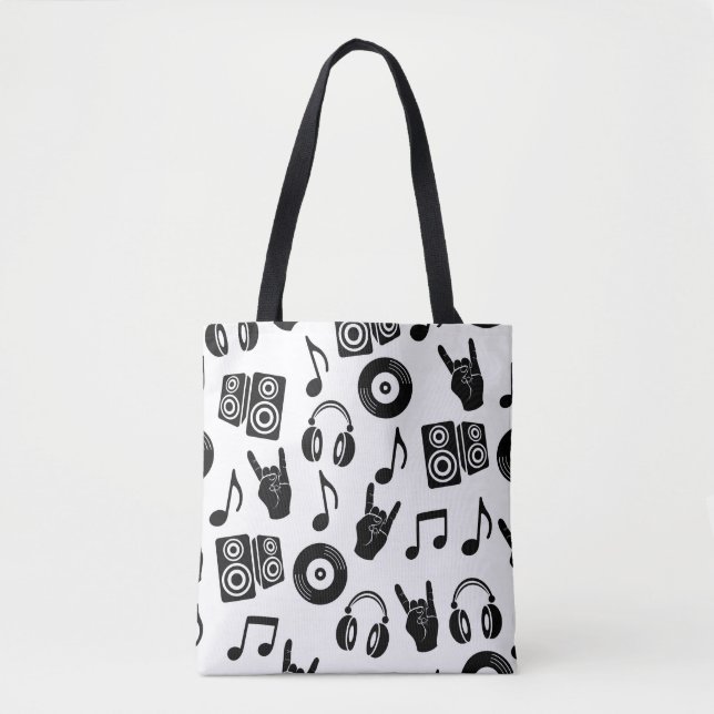 Bolso De Tela Accesorios musicales: Patrón de cosecha monocromo. (Anverso)