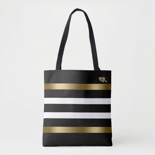 Bolso De Tela Acentos de oro con rayas blancas y negras (Anverso)