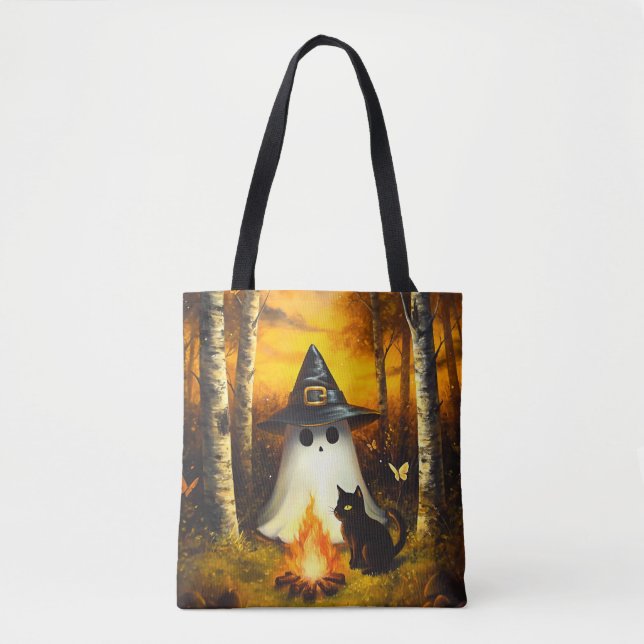Bolso De Tela Acogedor Fantasma de Halloween y gato negro en la  (Anverso)