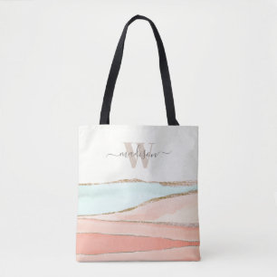 Bolso De Tela Acuarela abstracta costera con nombre y monograma