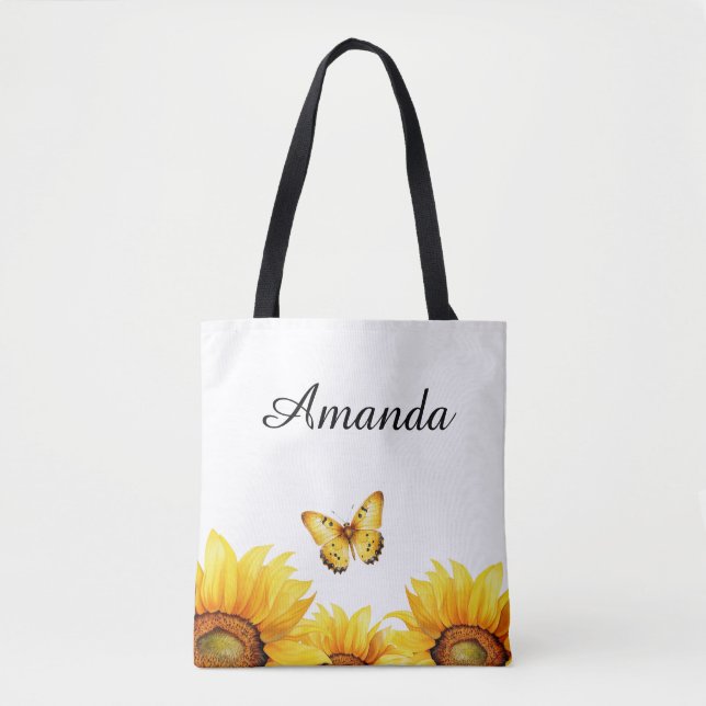Bolso De Tela Acuarela Amarillo Mariposa Nombre Girasol (Anverso)