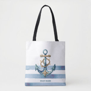 Bolso De Tela Acuarela Ancla Náutica Rayas Azul Claro