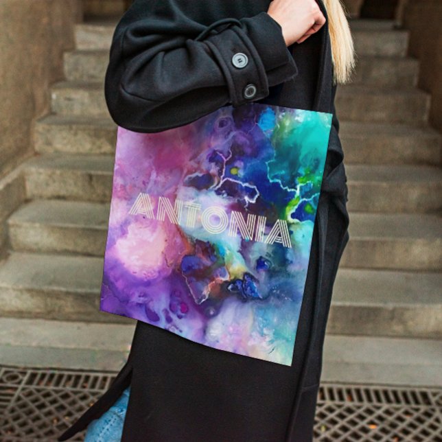 Bolso De Tela Acuarela Arcoiris Nombre Personalizable Brillante (Subido por el creador)