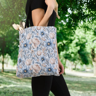 Bolso De Tela Acuarela Botánica Azul y Rubor