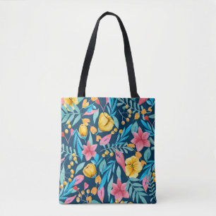 Bolso De Tela acuarela botánica: flores, hojas adornadas.