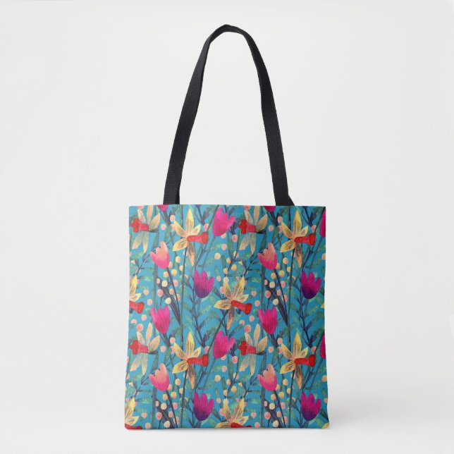 Bolso De Tela Acuarela Brillante: Diseño Floral Seamless. (Anverso)