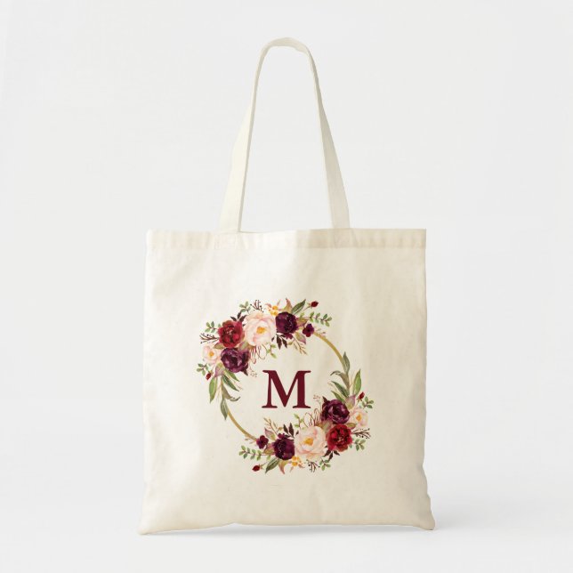 Bolso De Tela Acuarela Burgundy Floral Wreath Monograma Oro (Frente)