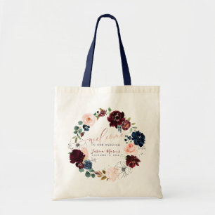 Bolso De Tela Acuarela Burgundy + Flores Rosadas Bienvenida