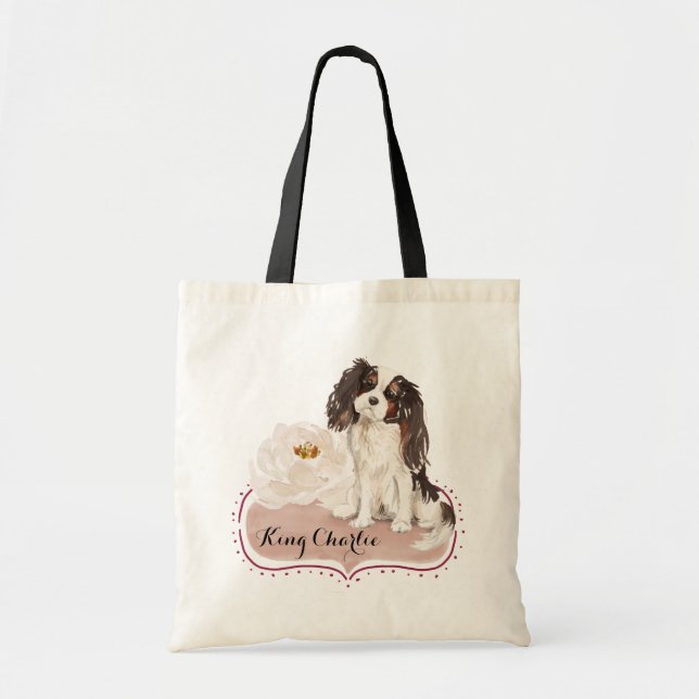 Bolso De Tela Acuarela Cavalier King Charles Spaniel con Rosa (Frente)