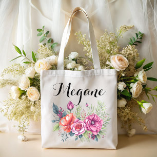 Bolso De Tela acuarela color de rosa floral monograma nombre bri