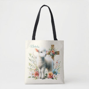 Bolso De Tela Acuarela Cordero de Pascua Personalizada