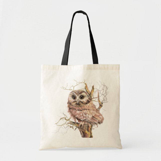 Bolso De Tela Acuarela Cute Saw Lechuza Blanca, Pájaro (Frente)