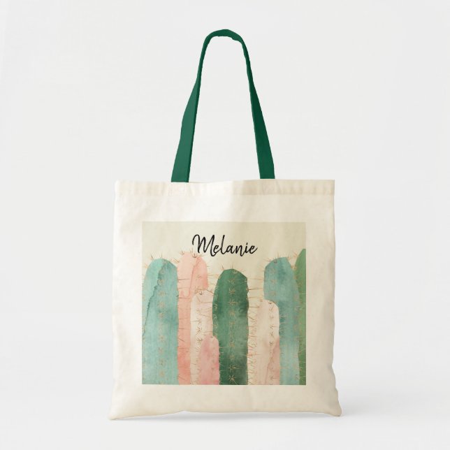 Bolso De Tela Acuarela de Cactus rosa y verde (Frente)