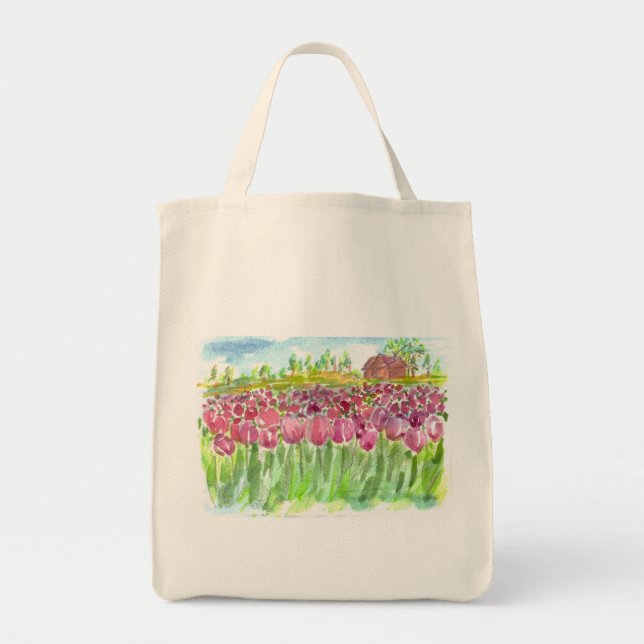Bolso De Tela Acuarela De Campos De Tulipano Rosa (Frente)