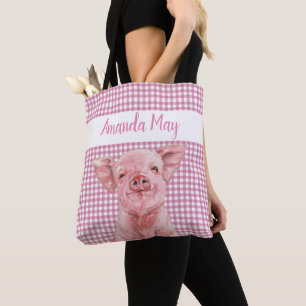 Bolso De Tela Acuarela de cerdo rosa Gingham Plaid Monograma