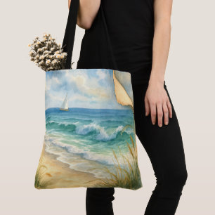 Bolso De Tela Acuarela de costa marina y barco de vela