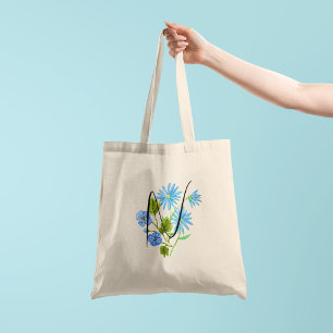 Bolso De Tela Acuarela de flor azul con tu inicial 1 lado