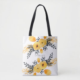 Bolso De Tela Acuarela de flores amarillas personalizada