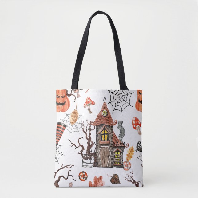 Bolso De Tela Acuarela de Halloween: Patrón de la casa embrujada (Anverso)