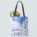 Bolso De Tela Acuarela de la isla griega de Santorini<br><div class="desc">Paisaje urbano azul y blanco basado en la isla griega de Santorini.</div>