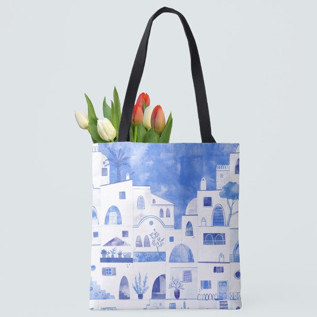 Bolso De Tela Acuarela de la isla griega de Santorini (Santorini blue and white watercolor painting on a tote bag)