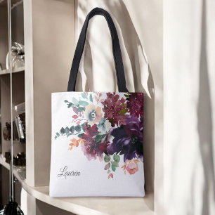 Bolso De Tela Acuarela de Lujo Burgundy Floral con Nombre