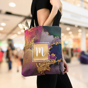 Bolso De Tela acuarela de mármol, monograma azul violeta dorado