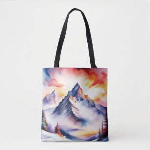 Bolso De Tela Acuarela de montañas cubiertas de nieve bajo cielo