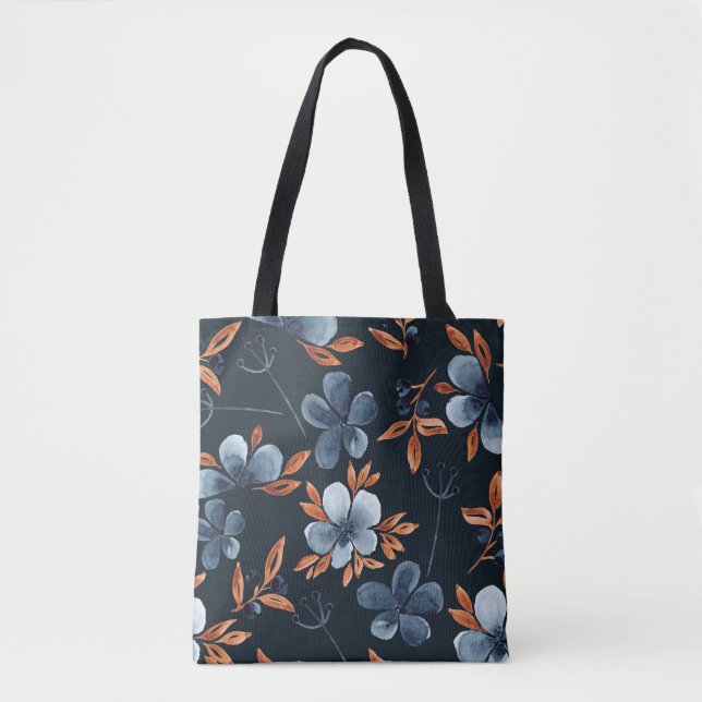 Bolso De Tela Acuarela de patrón floral sin fisuras con índigo f (Anverso)