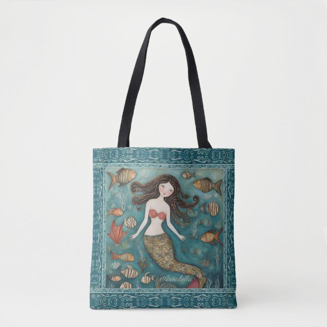 Bolso De Tela Acuarela de sirena personalizada (Anverso)