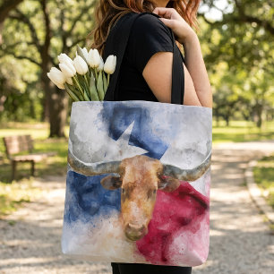 Bolso De Tela Acuarela de Texas Longhorn con mapa artístico de b