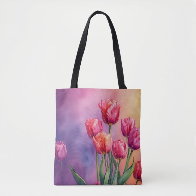 Bolso De Tela acuarela de tulipanes artísticos (Anverso)