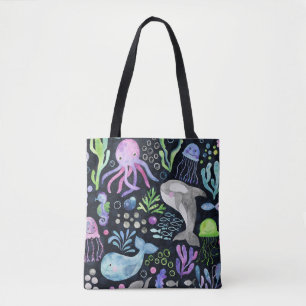 Bolso De Tela Acuarela de vida marina, fondo oscuro.