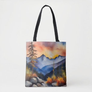 Bolso De Tela Acuarela del amanecer sobre montañas cubiertas de