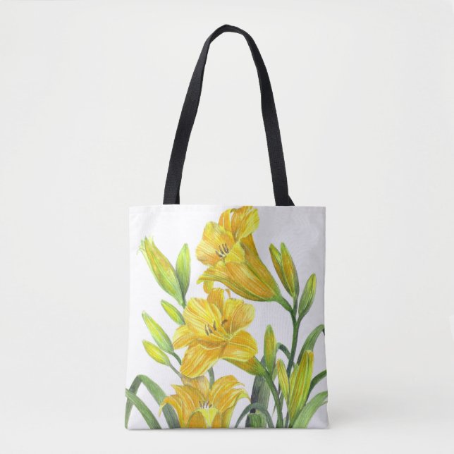 Bolso De Tela Acuarela Día Amarillo Lilies Arte Floral (Anverso)