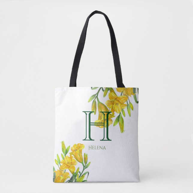 Bolso De Tela Acuarela Día Amarillo Lilies Monograma Floral (Anverso)