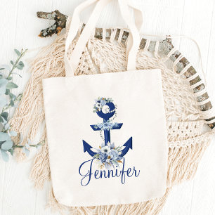 Bolso De Tela acuarela elegante azul floral nombre náutico