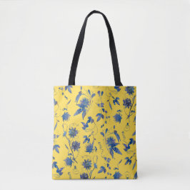Bolso De Tela Acuarela Flor de la Pasión Azul sobre Amarillo Mos