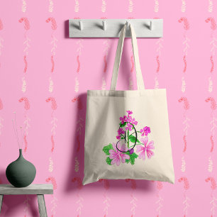 Bolso De Tela Acuarela flor rosa con tu inicial.