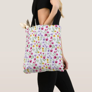 Bolso De Tela Acuarela floral amarilla, morada y rosa bonita
