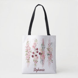 Bolso De Tela Acuarela floral de flor de cerezo, agregar nombre