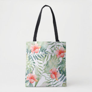Bolso De Tela Acuarela floral del hibisco tropical de las hojas
