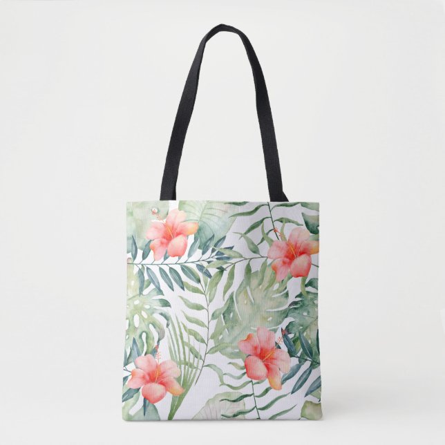 Bolso De Tela Acuarela floral del hibisco tropical de las hojas (Anverso)