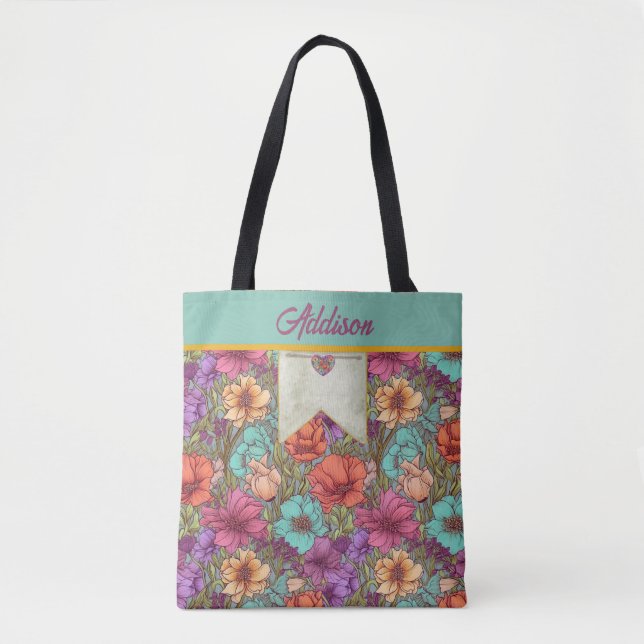 Bolso De Tela Acuarela Floral Naranja Aqua Cream Rosa Botánico (Anverso)