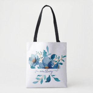 Bolso De Tela Acuarela floral personalizada azul brillante