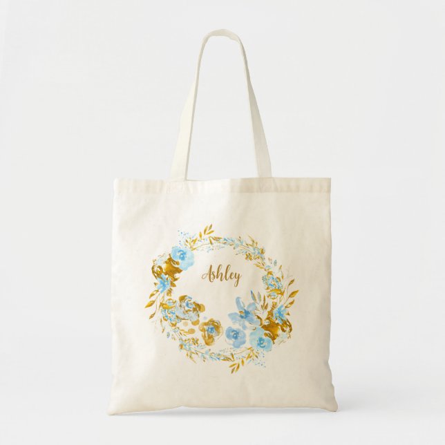 Bolso De Tela Acuarela Floral Personalizada Azul y Dorada (Frente)