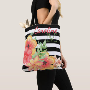 Bolso De Tela Acuarela floral personalizada con rayas blancas y