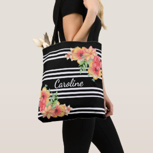 Bolso De Tela Acuarela floral personalizada con rayas en blanco 
