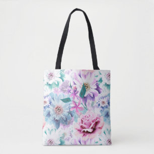 Bolso De Tela Acuarela flores rosadas, azules.
